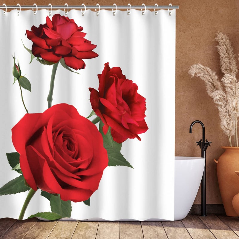 LIVILAN Rose Shower Curtain, Red Flower Fabric Bathroom Curtains Set with Hooks Floral Bathroom Decor Polyester Machine Washable 72Wx72H Inches - Image 3